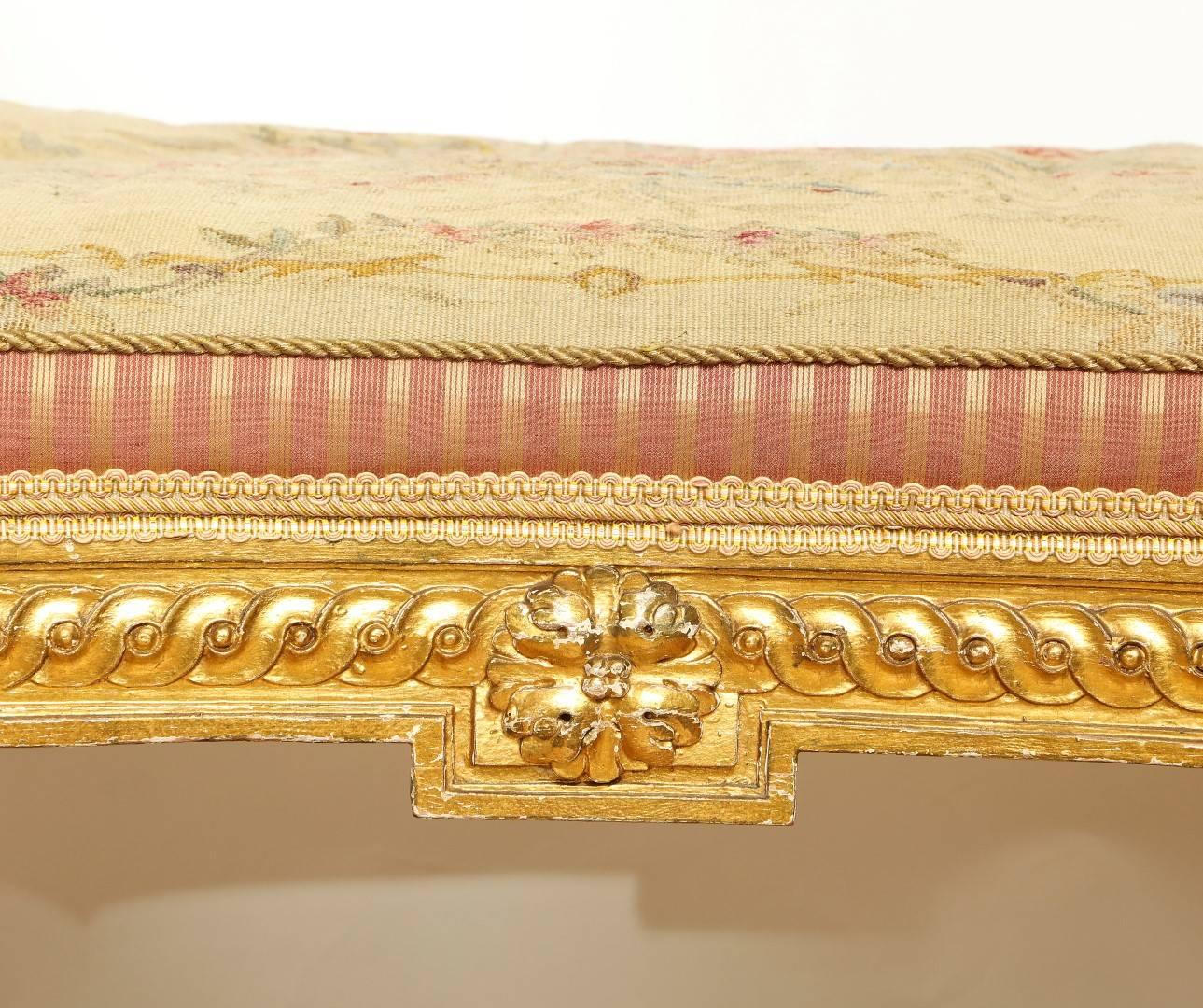 Early 20th Century A Louis XV Style Aubusson Upholstered Giltwood Bench 