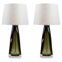 A Pair of Olive Green Glass Table Lamps by Carl Fagerlund for Orrefors