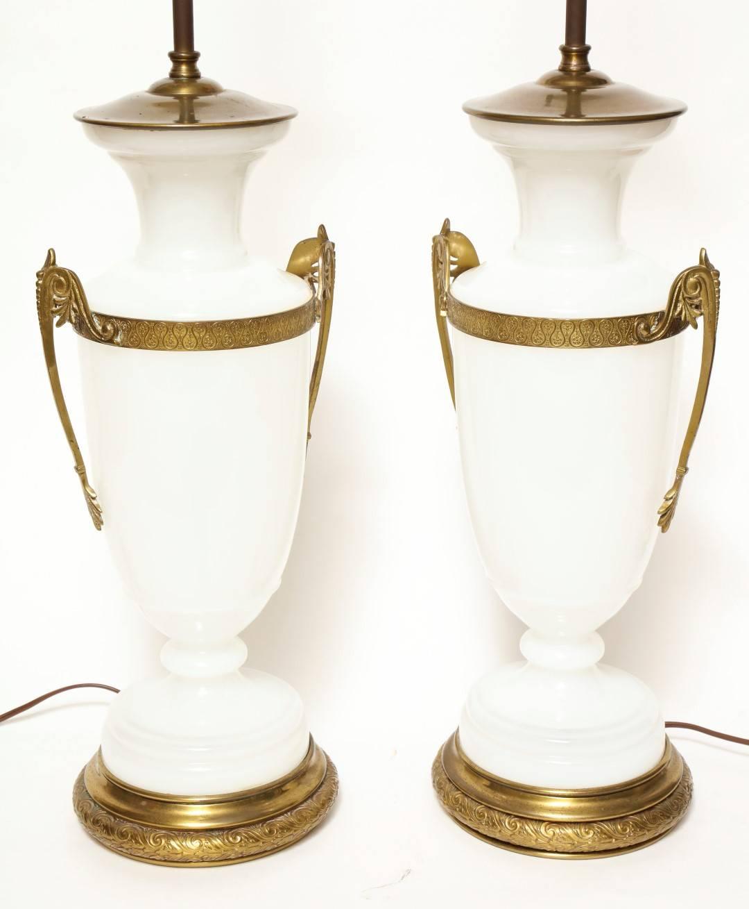 French A Pair of Charles X Style Opaline Lamps 