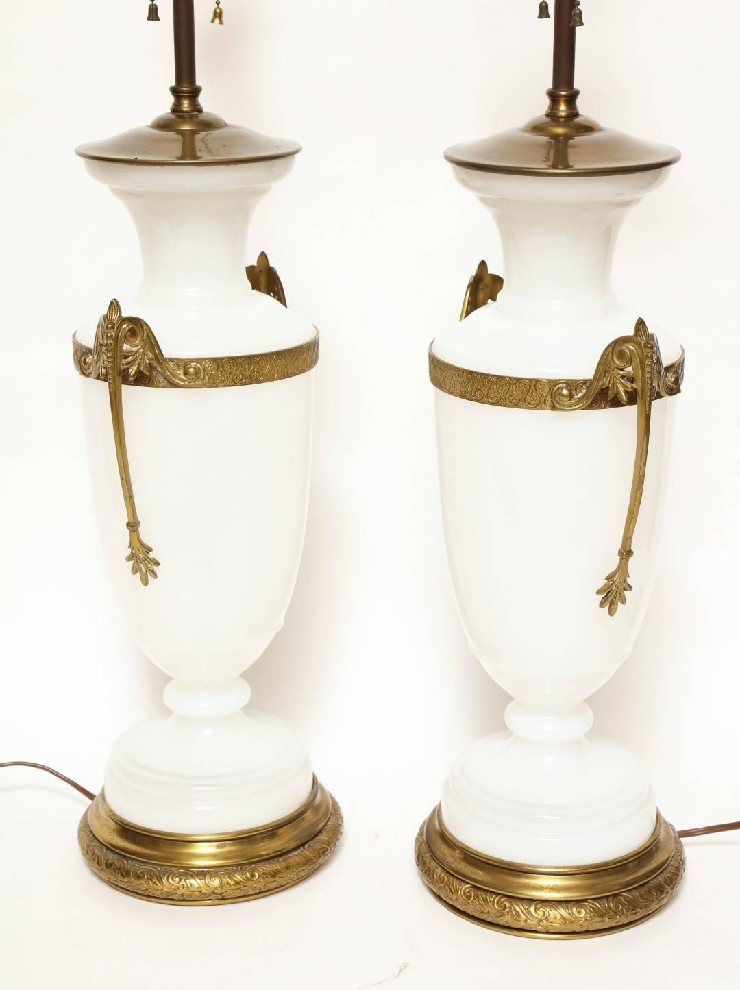Gilt A Pair of Charles X Style Opaline Lamps 