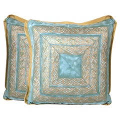 A Pair of Pieced and Mitered Fortuny Border Cushions