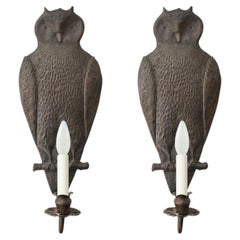 A Pair of Patinated Copper Owl Sconces