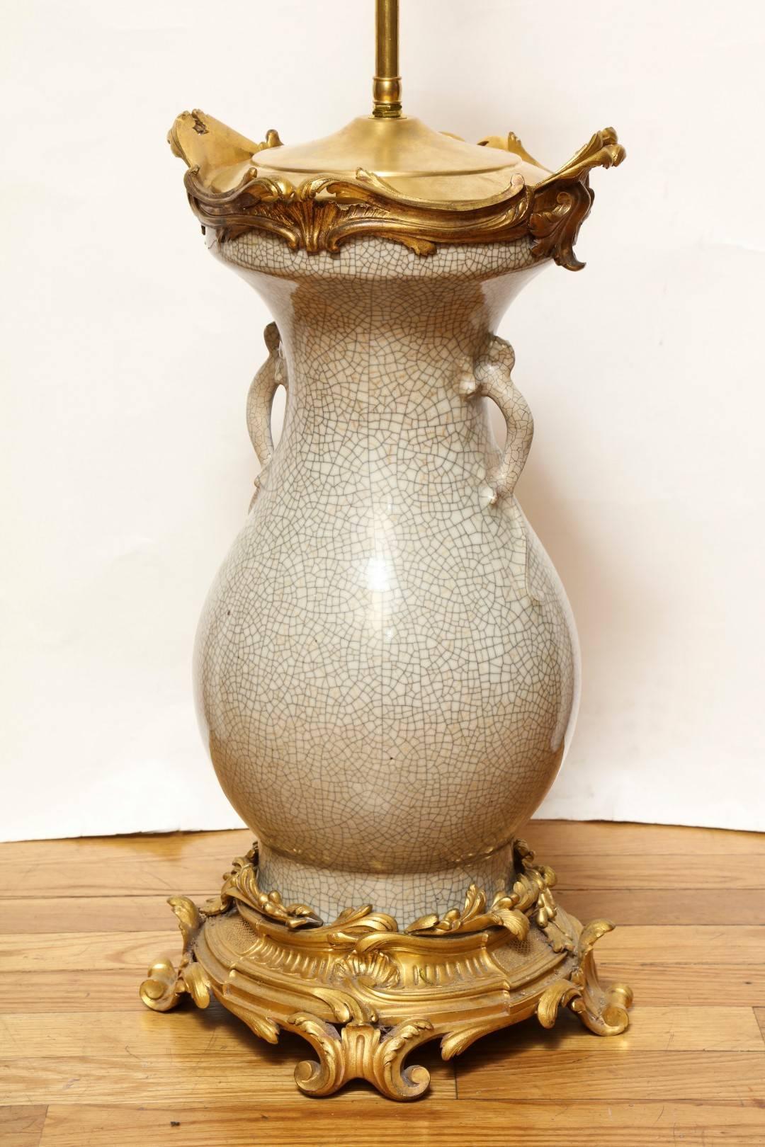 Rococo Louis XV Style Ormolu-Mounted Crackle Glaze Vase Mounted as Lamp