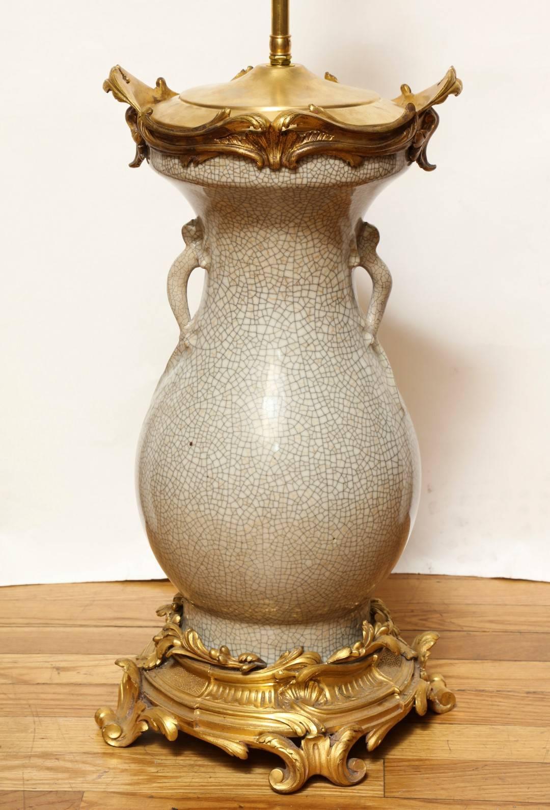 French Louis XV Style Ormolu-Mounted Crackle Glaze Vase Mounted as Lamp