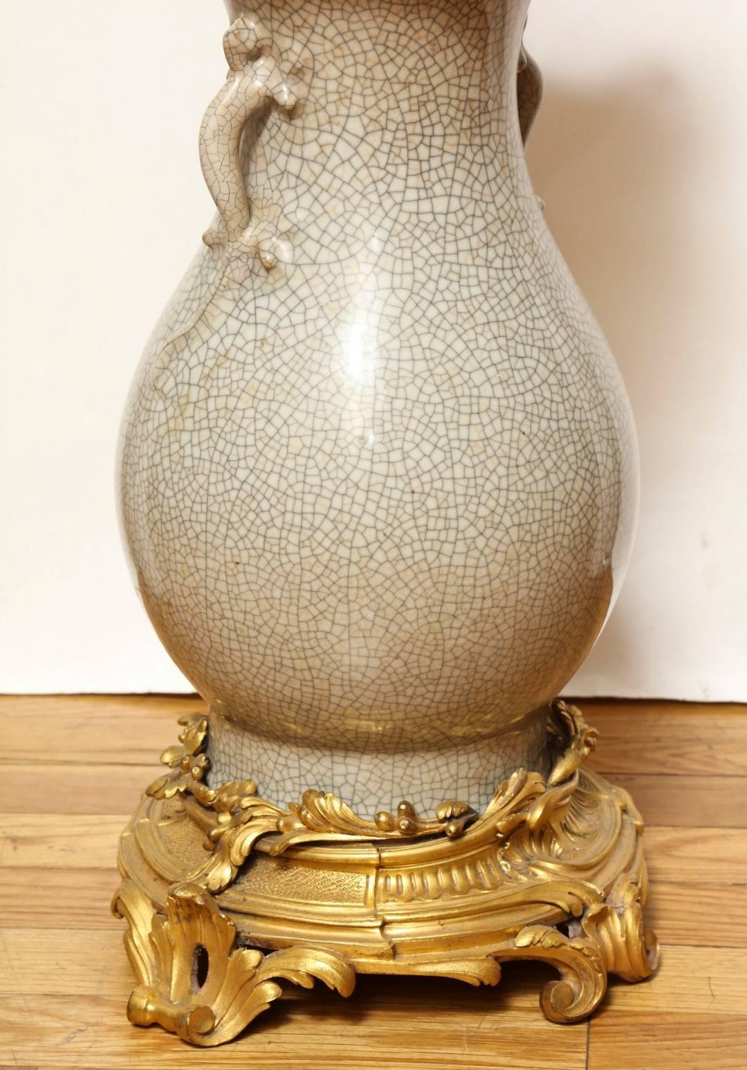 Glazed Louis XV Style Ormolu-Mounted Crackle Glaze Vase Mounted as Lamp