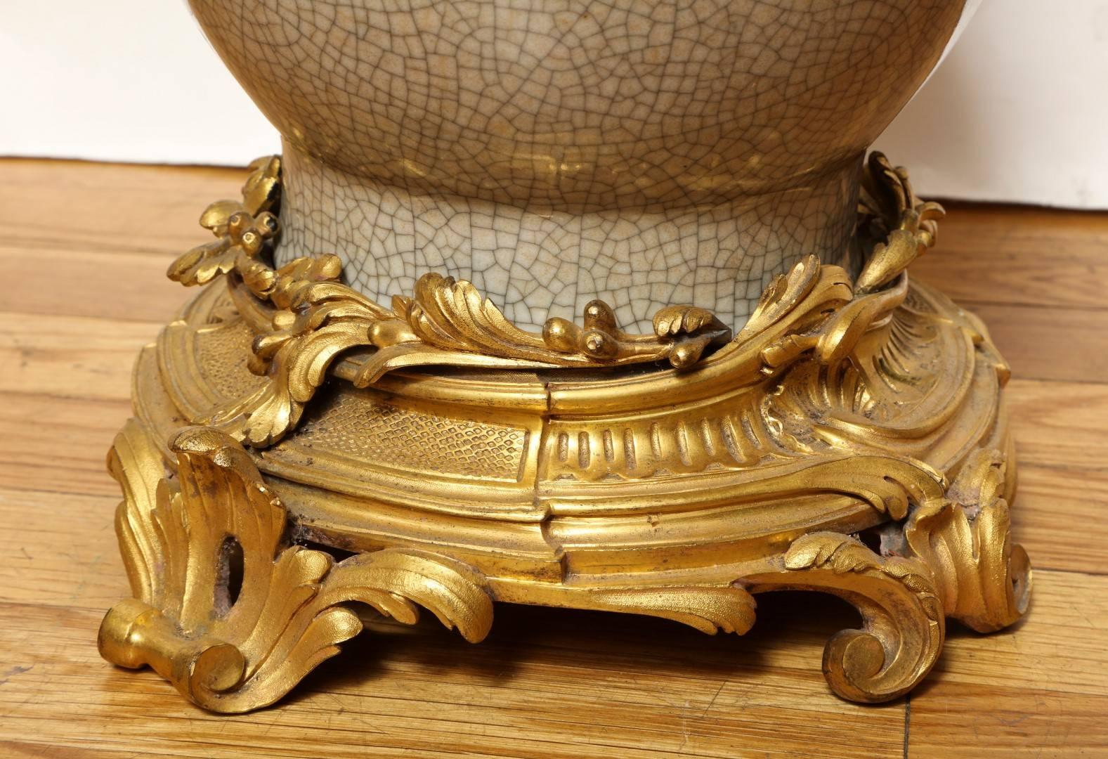 Louis XV Style Ormolu-Mounted Crackle Glaze Vase Mounted as Lamp 1