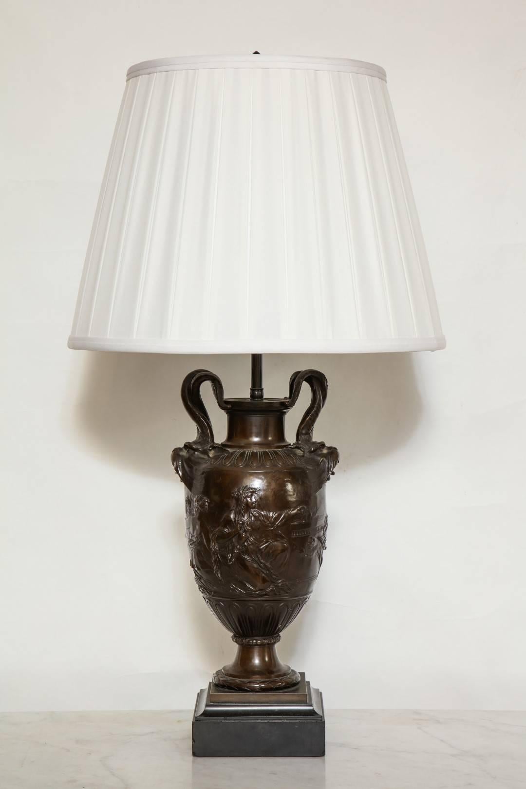 A Pair of French Neoclassical Style Bronze Urns Fitted as Lamps  In Good Condition In New York, NY
