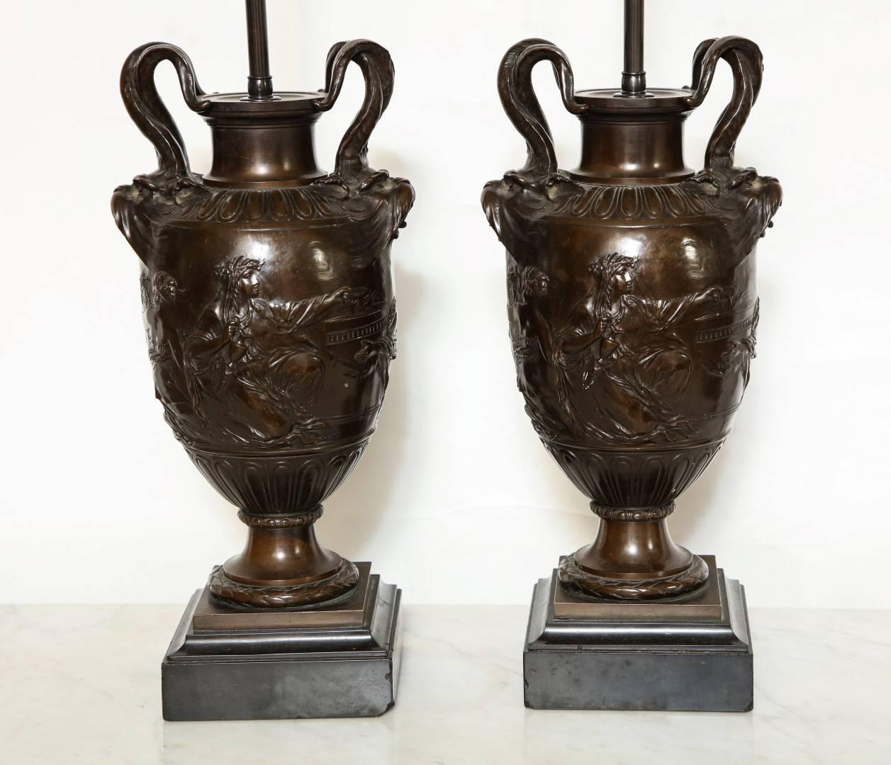 A Pair of French Neoclassical Style Bronze Urns Fitted as Lamps  4