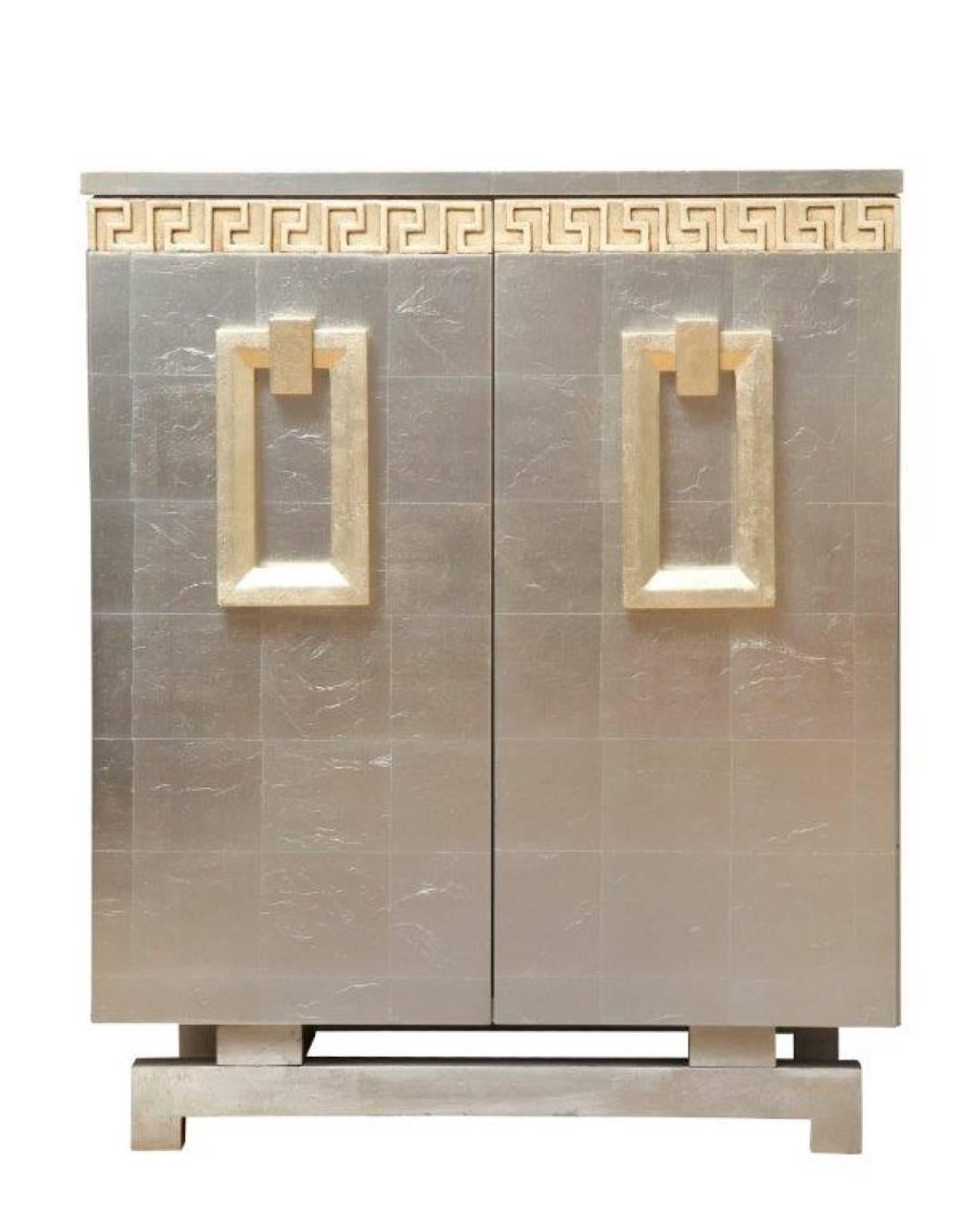 Art Deco A Pair of New Art-Deco Style Two-Door Silver Leafed Cabinets by David Duncan For Sale