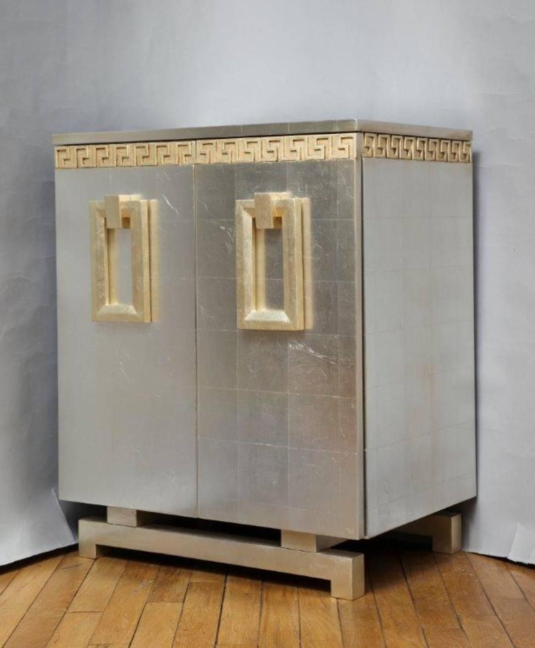 A Pair of New Art-Deco Style Two-Door Silver Leafed Cabinets by David Duncan In Excellent Condition For Sale In New York, NY