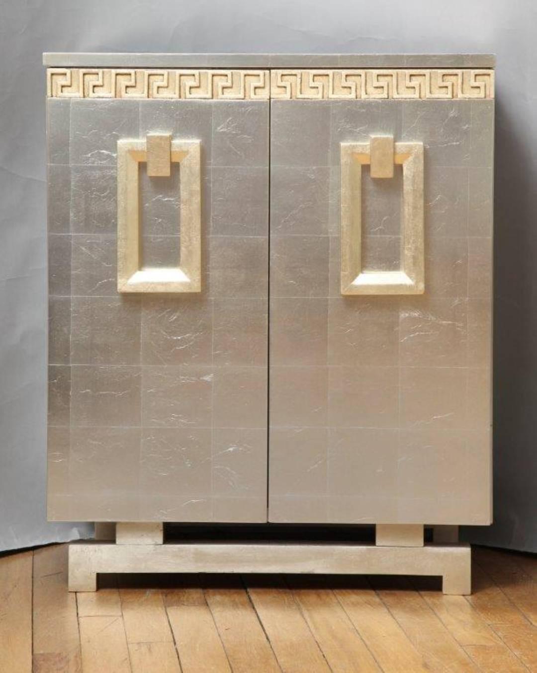 Contemporary A Pair of New Art-Deco Style Two-Door Silver Leafed Cabinets by David Duncan For Sale