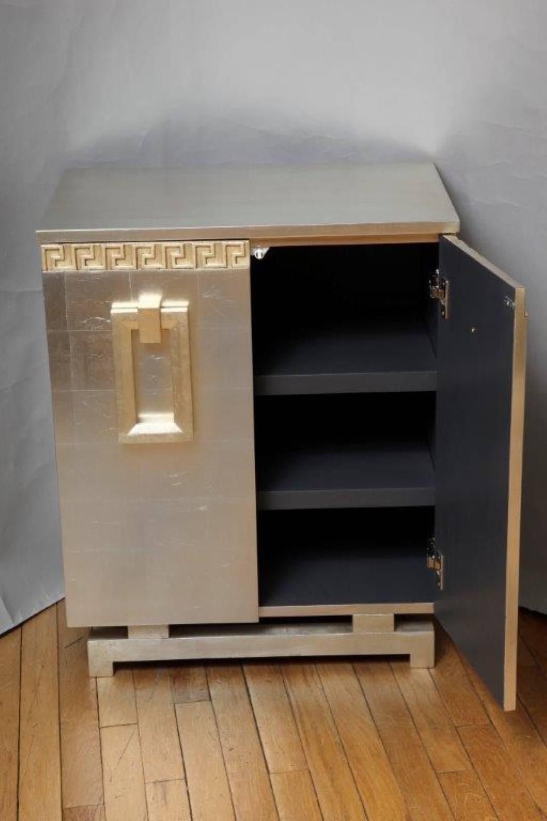 A Pair of New Art-Deco Style Two-Door Silver Leafed Cabinets by David Duncan For Sale 4