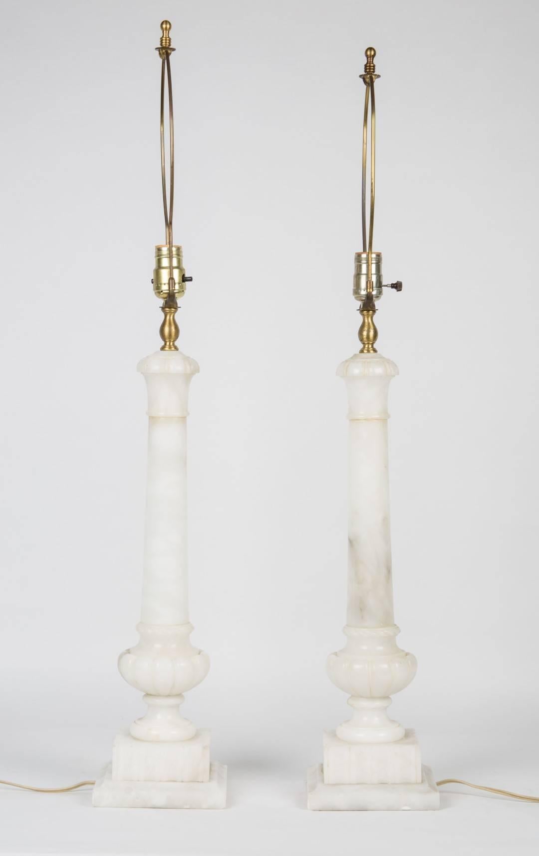 Grand Tour Pair of Neoclassical Alabaster Columns Mounted as Lamps