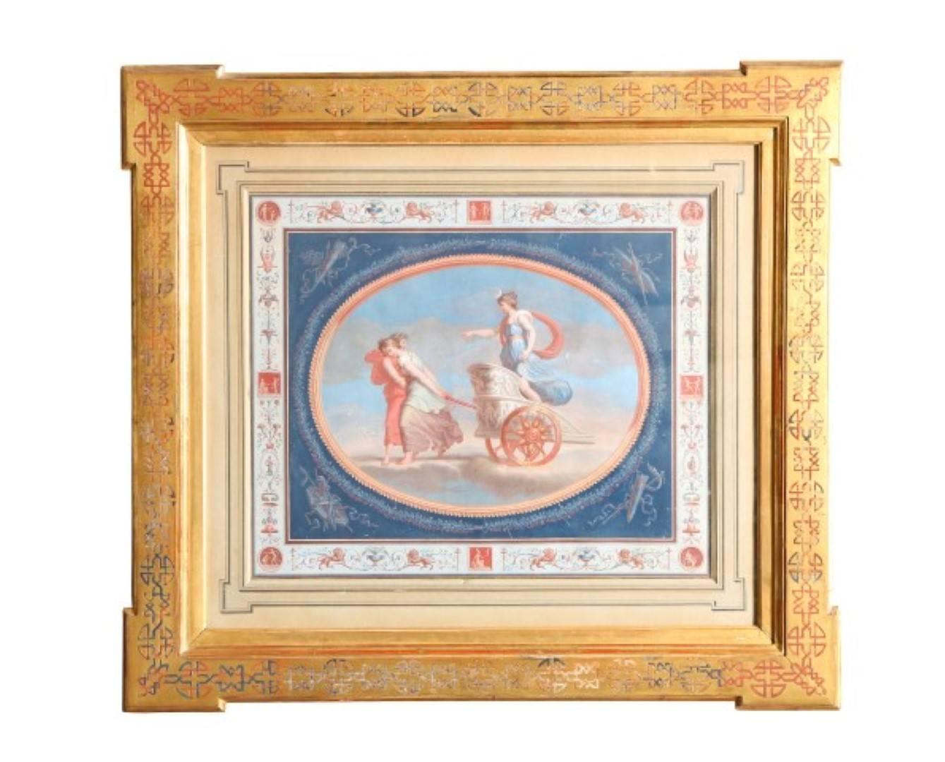 A pair of French gouaches with oval medallions depicting Diana, the Goddess of the hunt, in a chariot and Apollo, the God of light, within a blue reserve with armorial motifs surrounded by grotesque frieze in an original French matte with fine