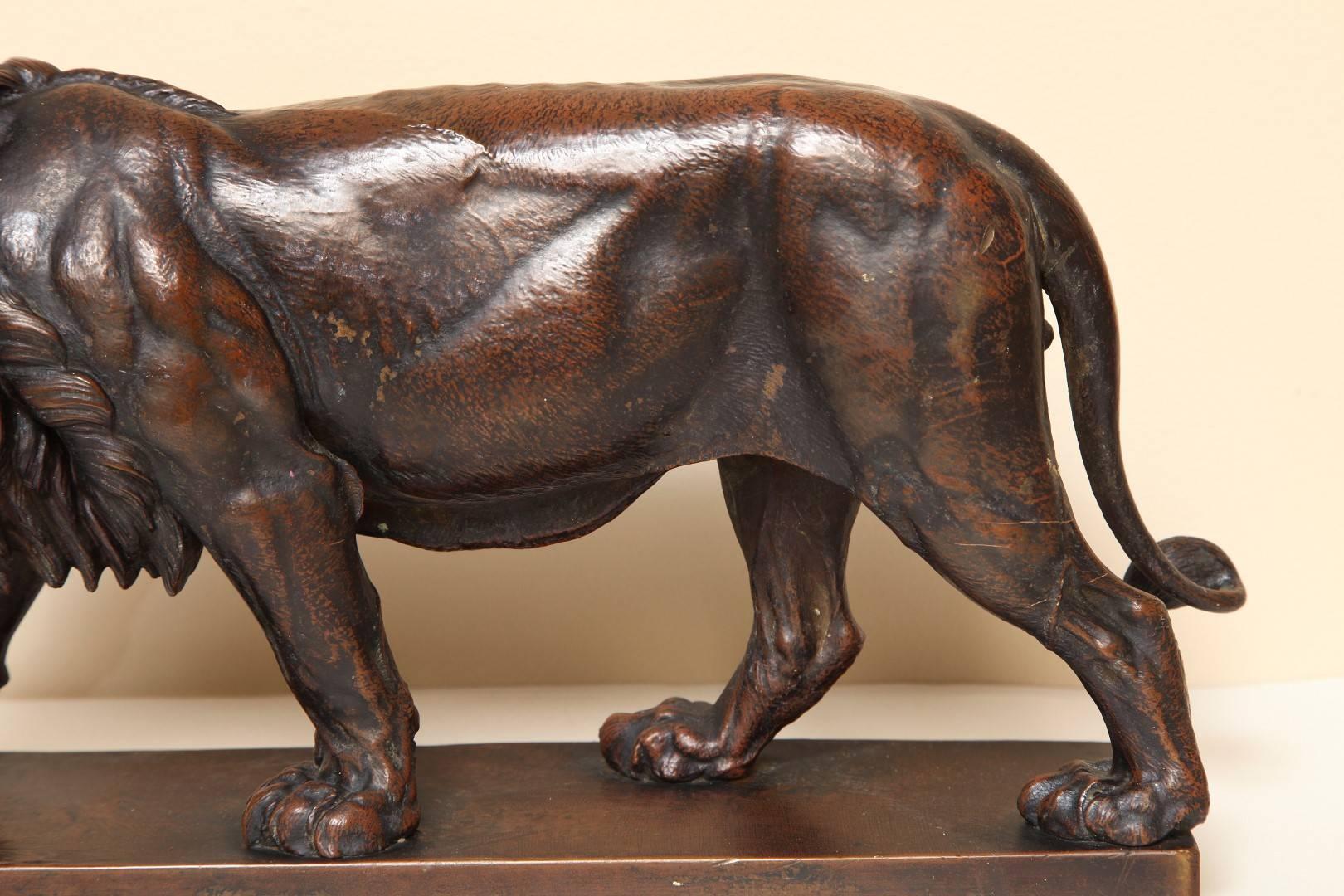 German Late 19th Century Patinated Bronze Lion on Base by Julius Heinrich Haehnel
