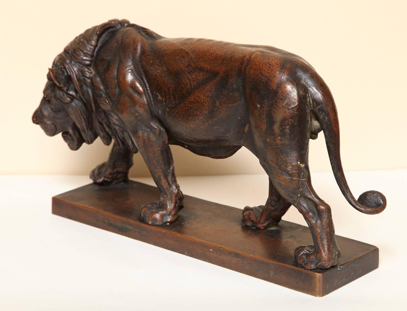 Late 19th Century Patinated Bronze Lion on Base by Julius Heinrich Haehnel In Good Condition In New York, NY