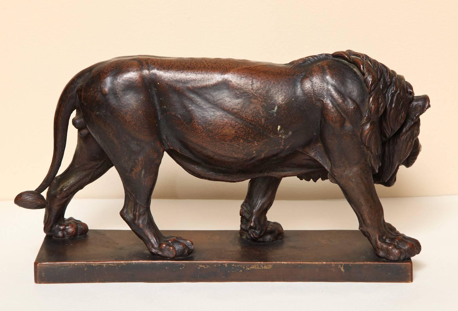 Late 19th Century Patinated Bronze Lion on Base by Julius Heinrich Haehnel 1