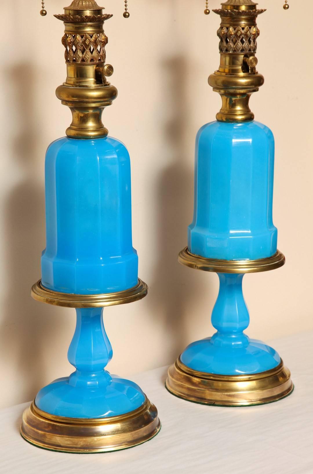 Louis XVI Pair of French Opaline Oil Lamps