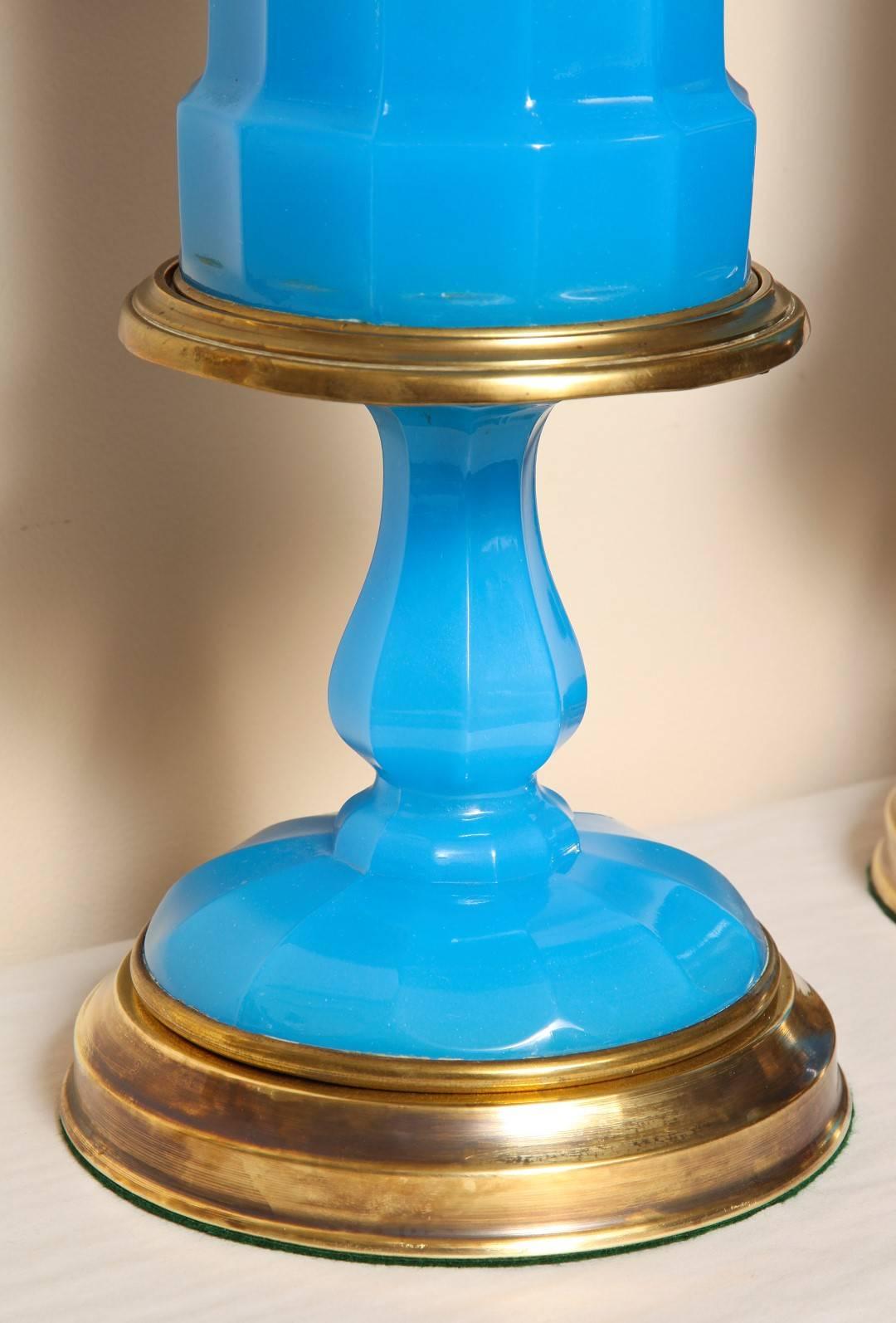 Brass Pair of French Opaline Oil Lamps