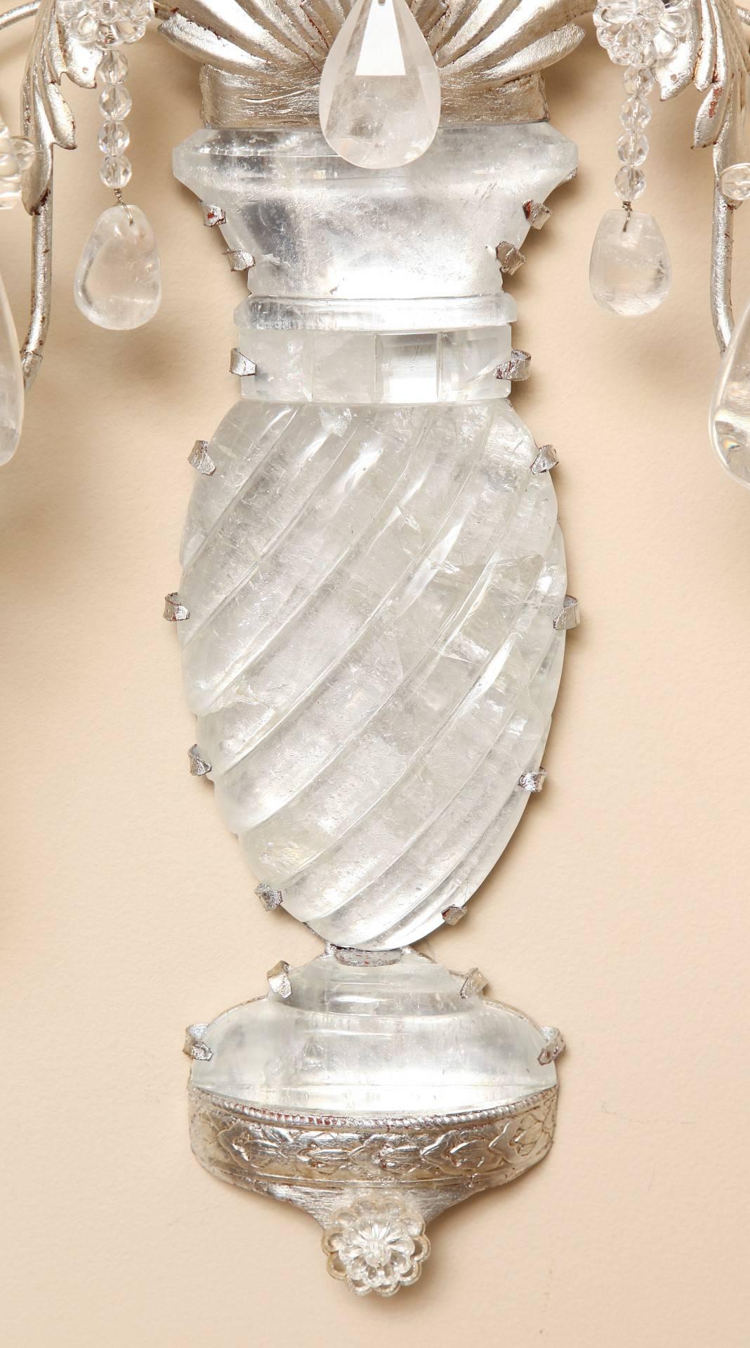 Chinoiserie Pair of New Two-Light Rock Crystal Sconces with Silver Metal Frames