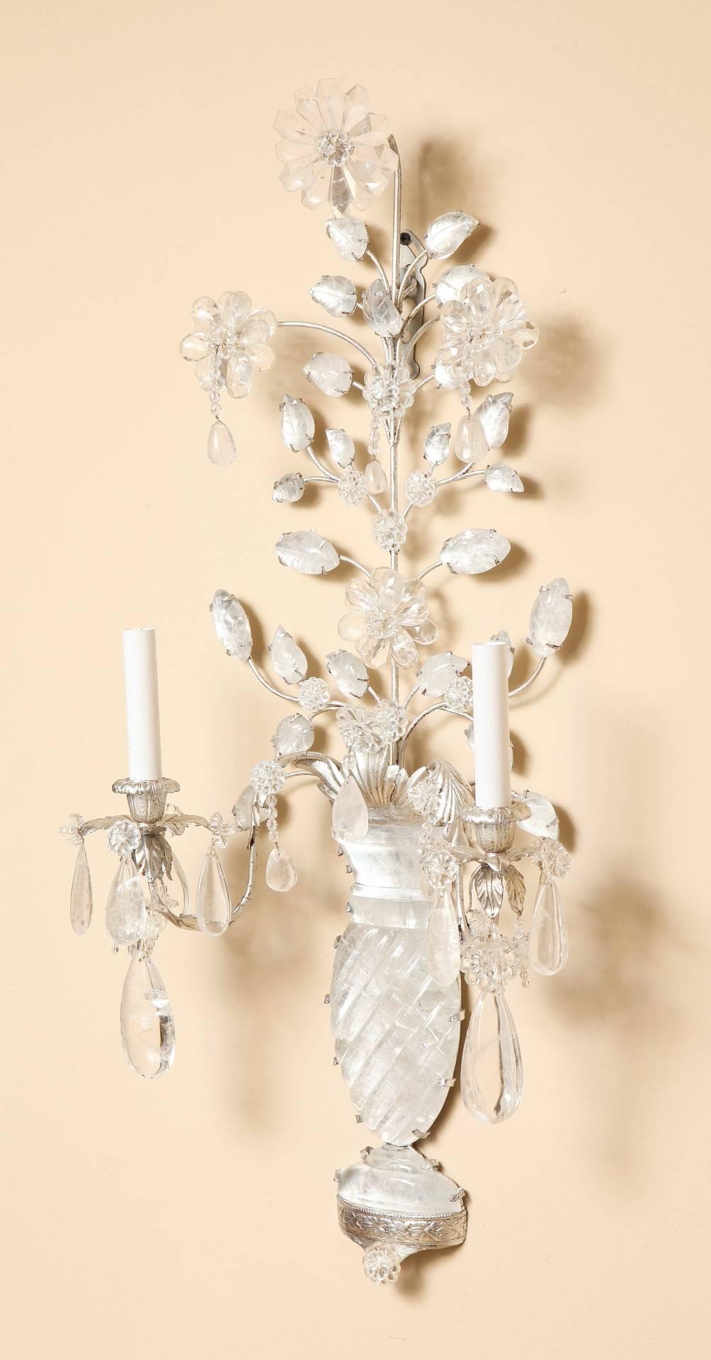 Silvered Pair of New Two-Light Rock Crystal Sconces with Silver Metal Frames