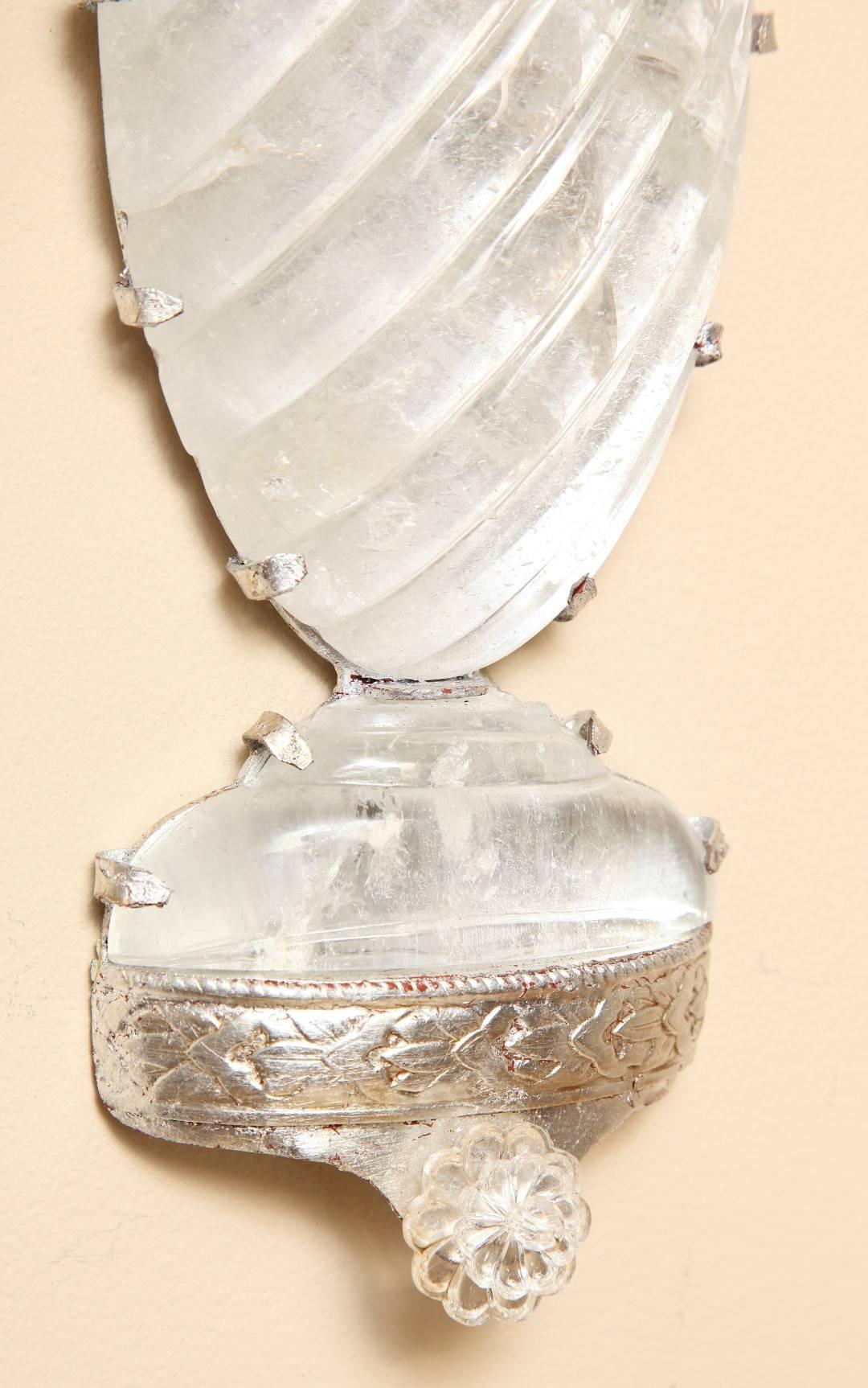 Pair of New Two-Light Rock Crystal Sconces with Silver Metal Frames 2