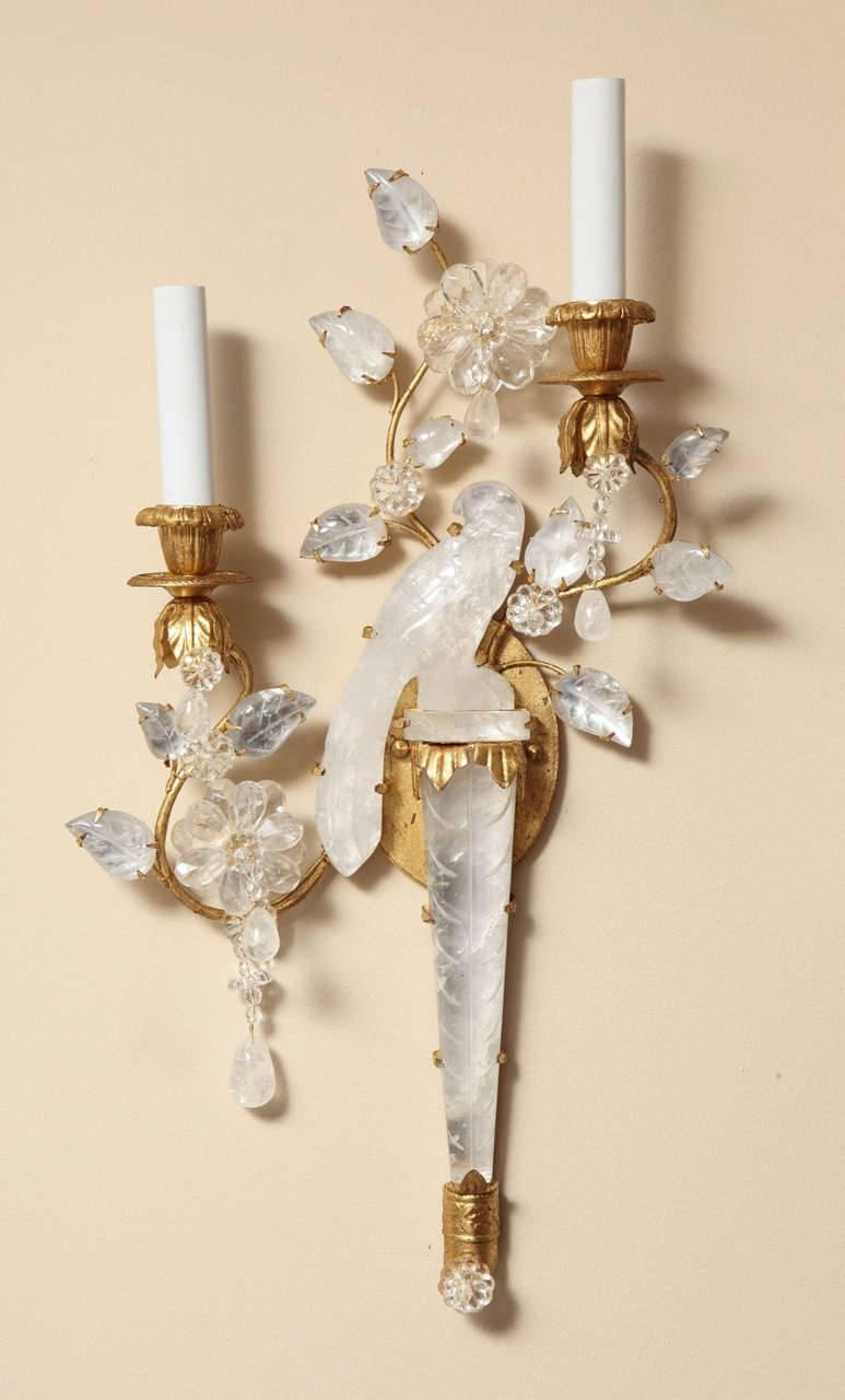Chinoiserie Pair of Bagues Style Two-Light Rock Crystal Sconces