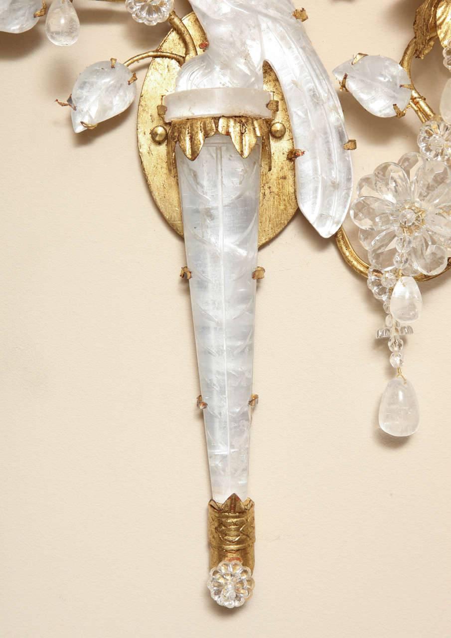 Brass Pair of Bagues Style Two-Light Rock Crystal Sconces