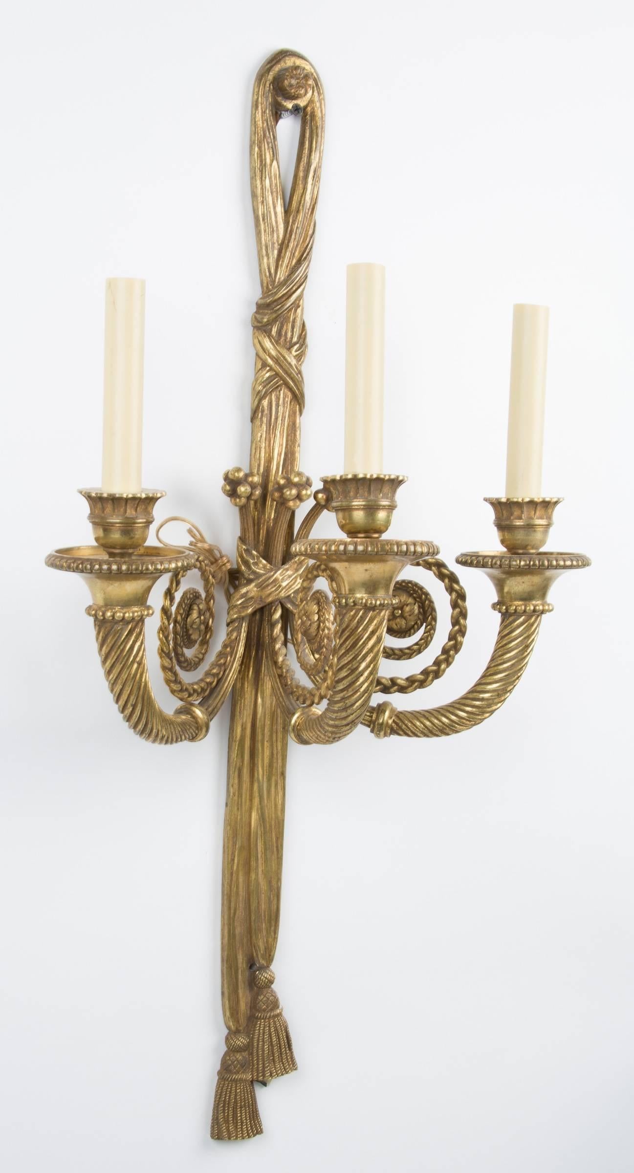 Gilt Pair of French Louis XVI Style Three-Light Sconces
