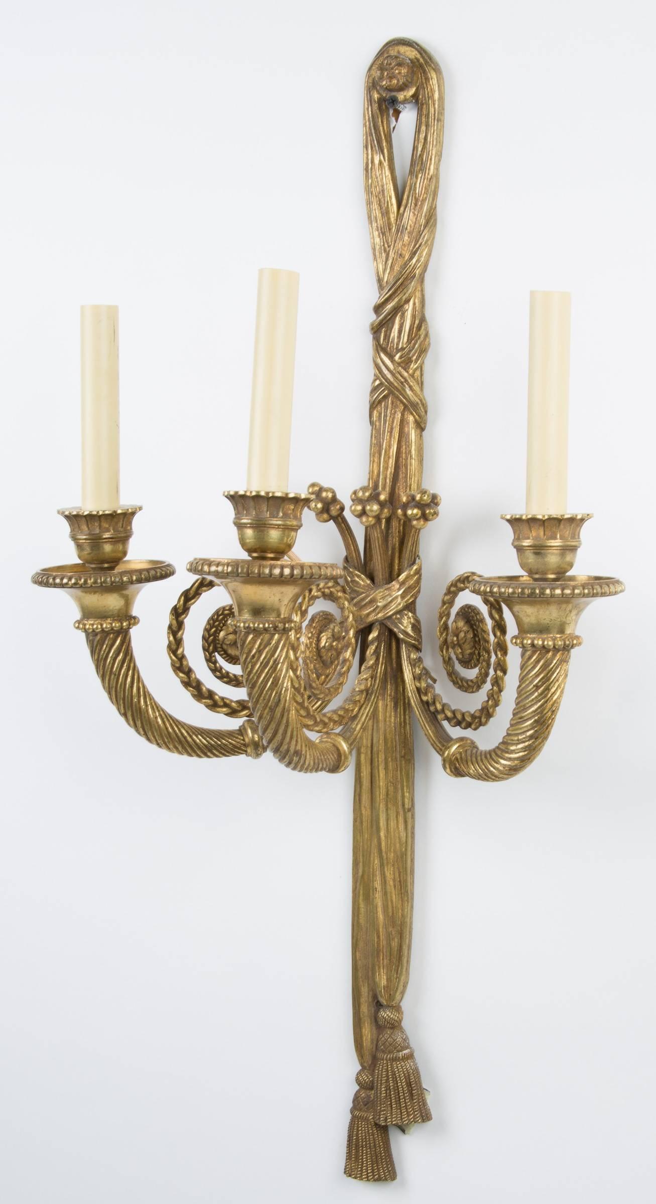 Pair of French Louis XVI Style Three-Light Sconces In Good Condition In New York, NY