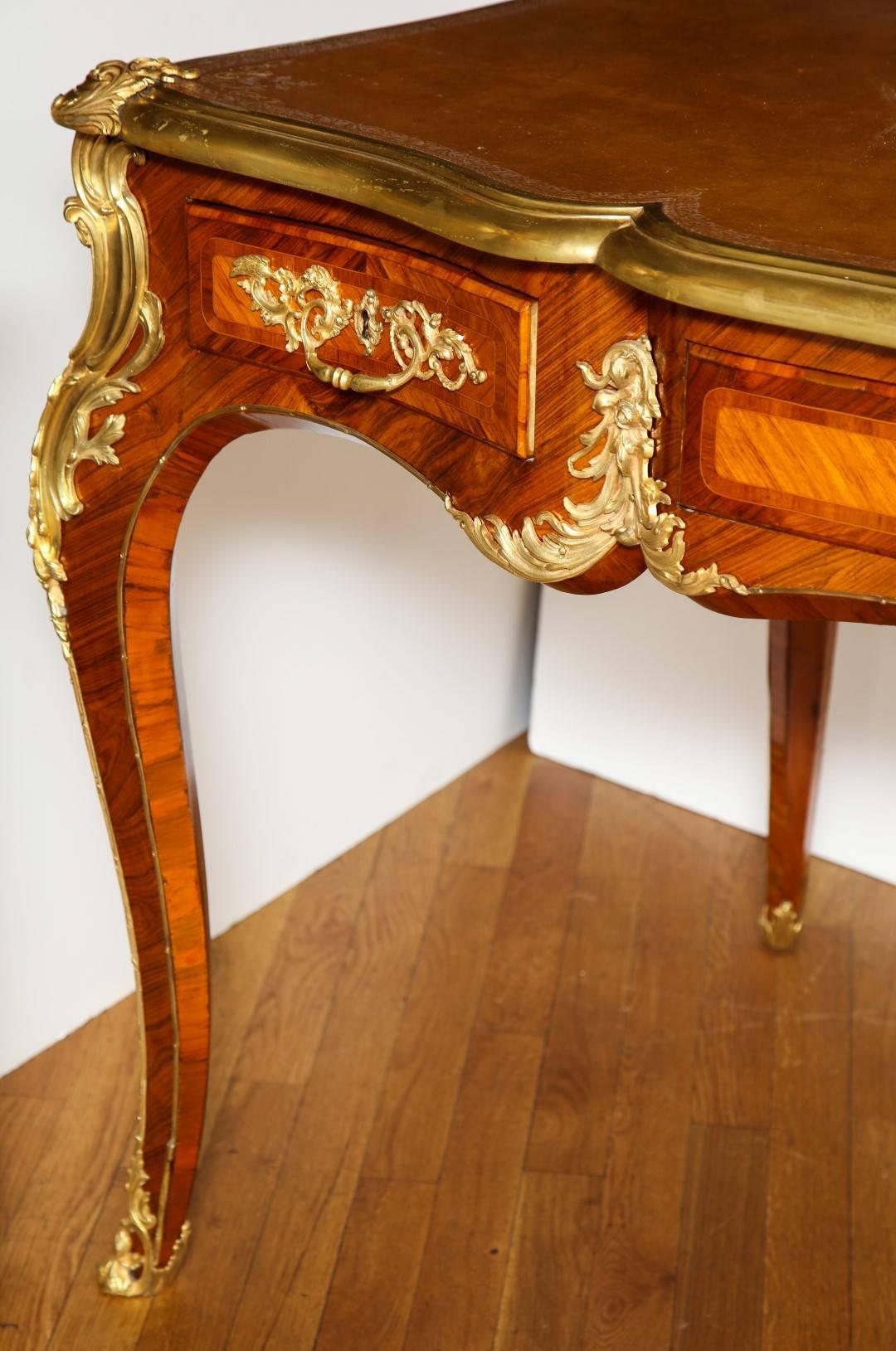 French Ormolu-Mounted Louis XV Style Tulipwood Parquetry Bureau Plat 2