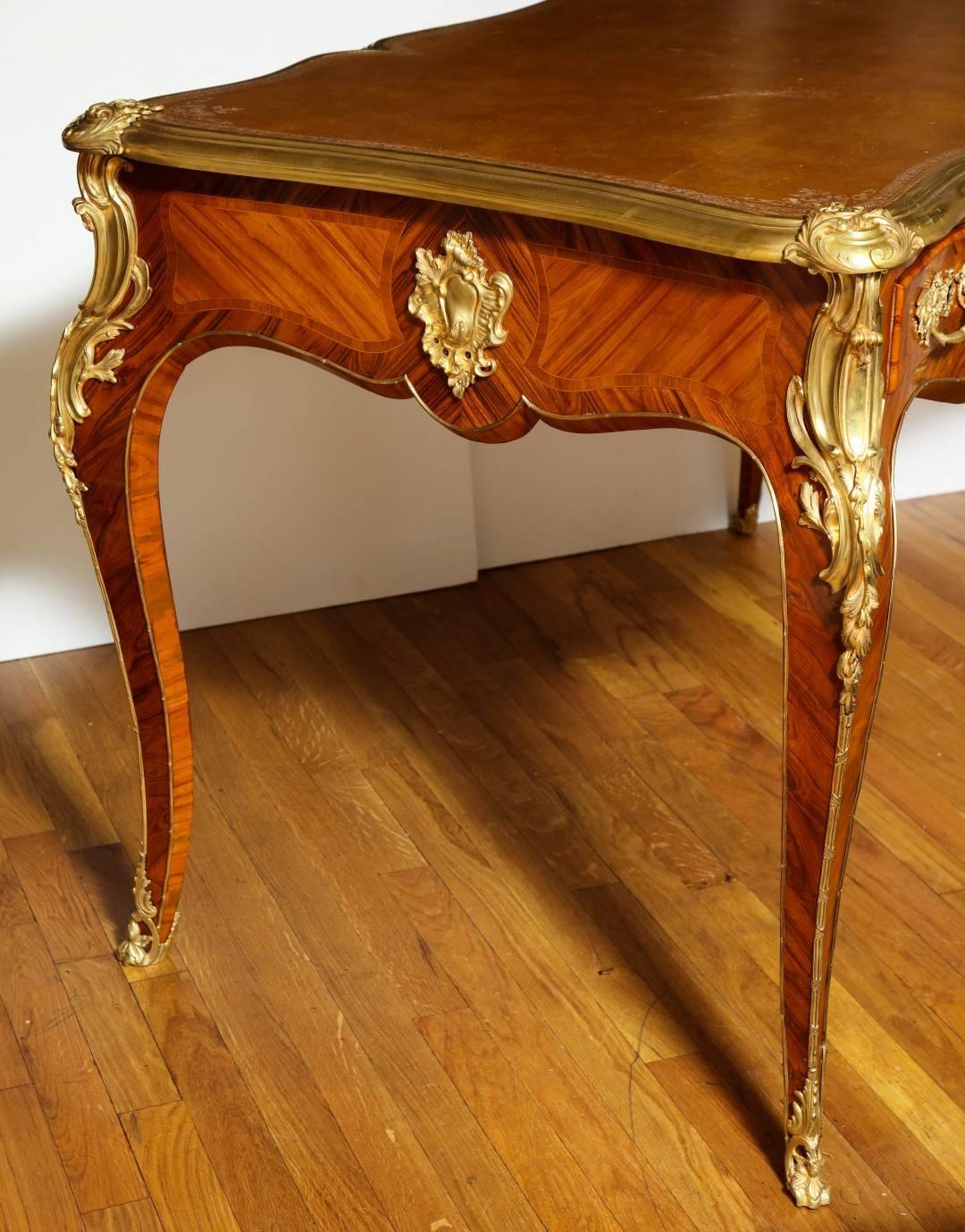 French Ormolu-Mounted Louis XV Style Tulipwood Parquetry Bureau Plat 4