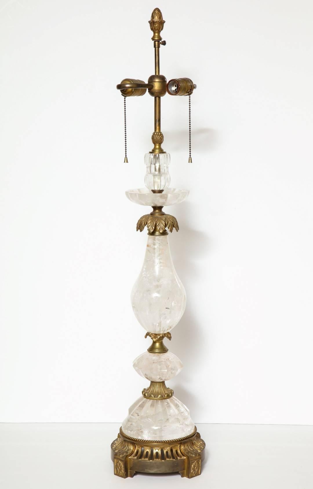 Contemporary Pair of Brass-Mounted Rock Crystal Table Lamps