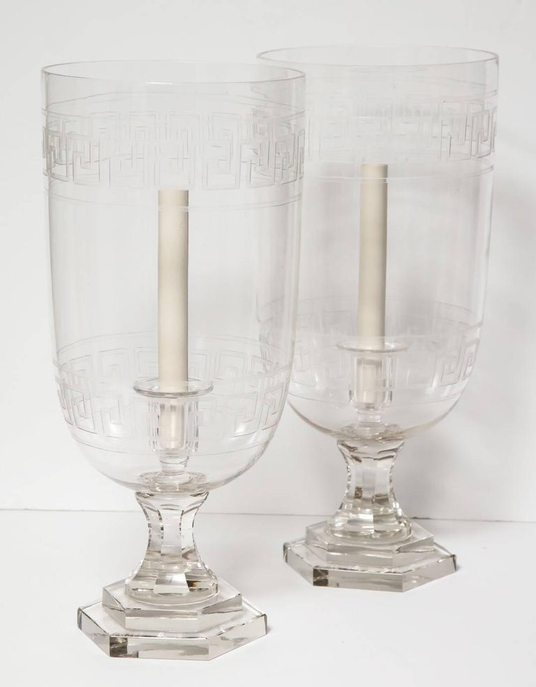 Pair of Etched Crystal Hurricane Votives For Sale at 1stDibs