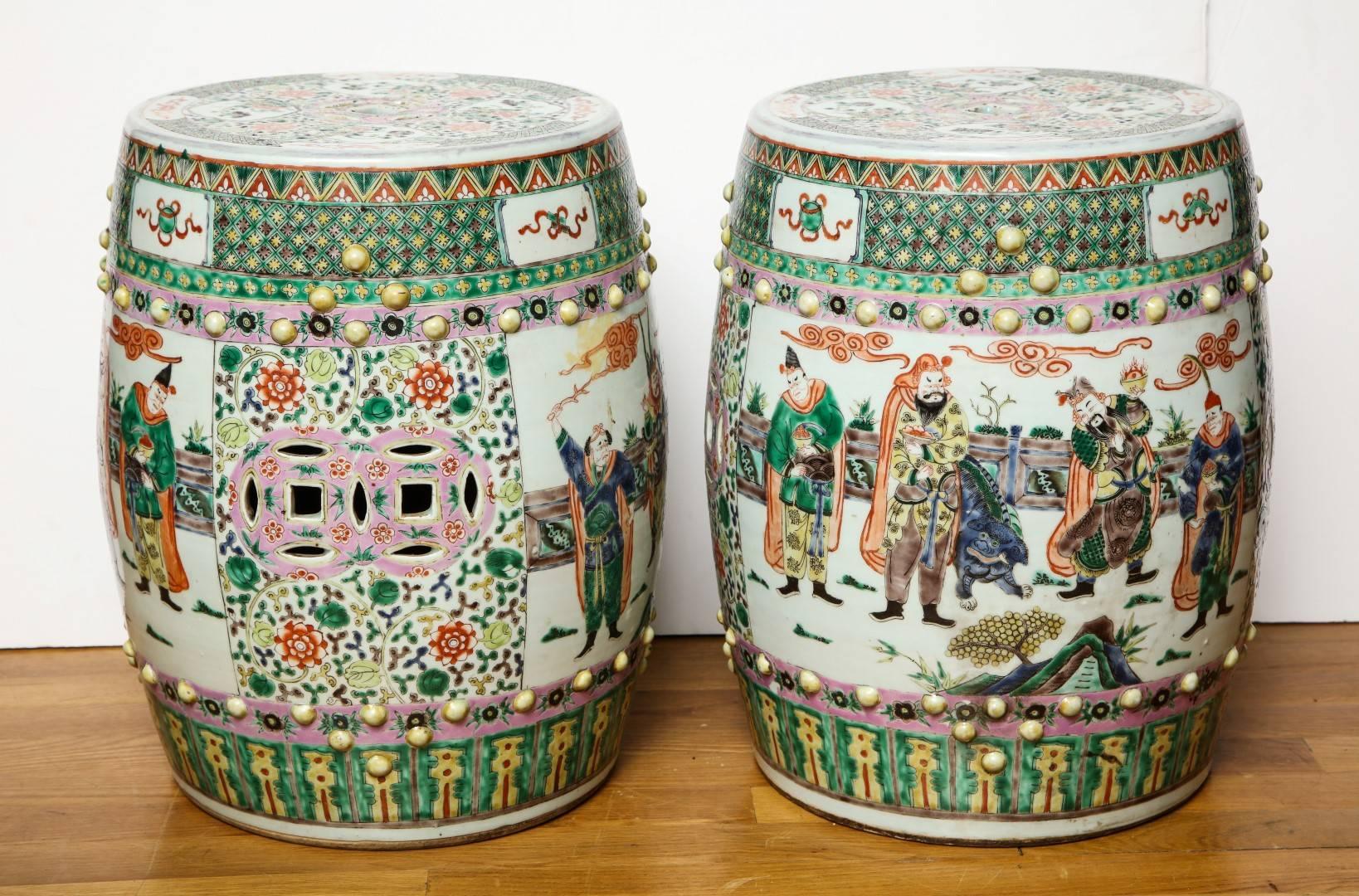 A pair of Chinese Famille Verte garden stools.