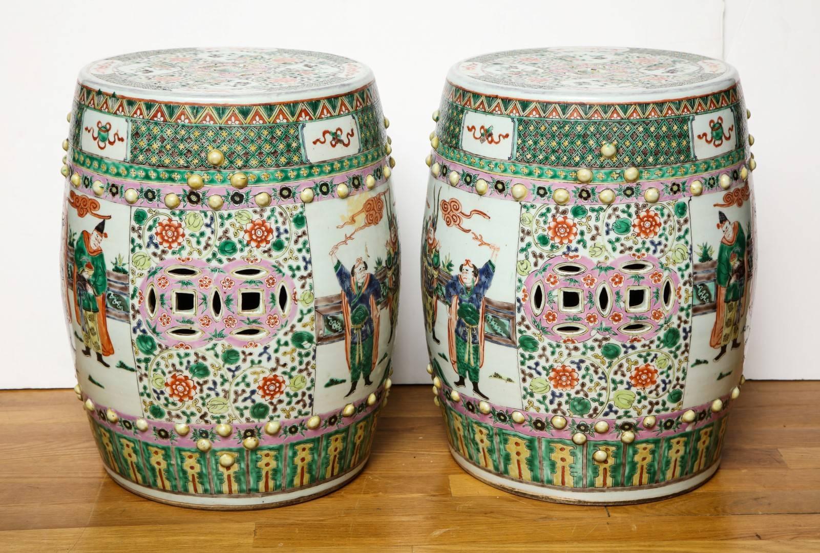 Chinese Export Pair of Chinese Famille Verte Garden Stools