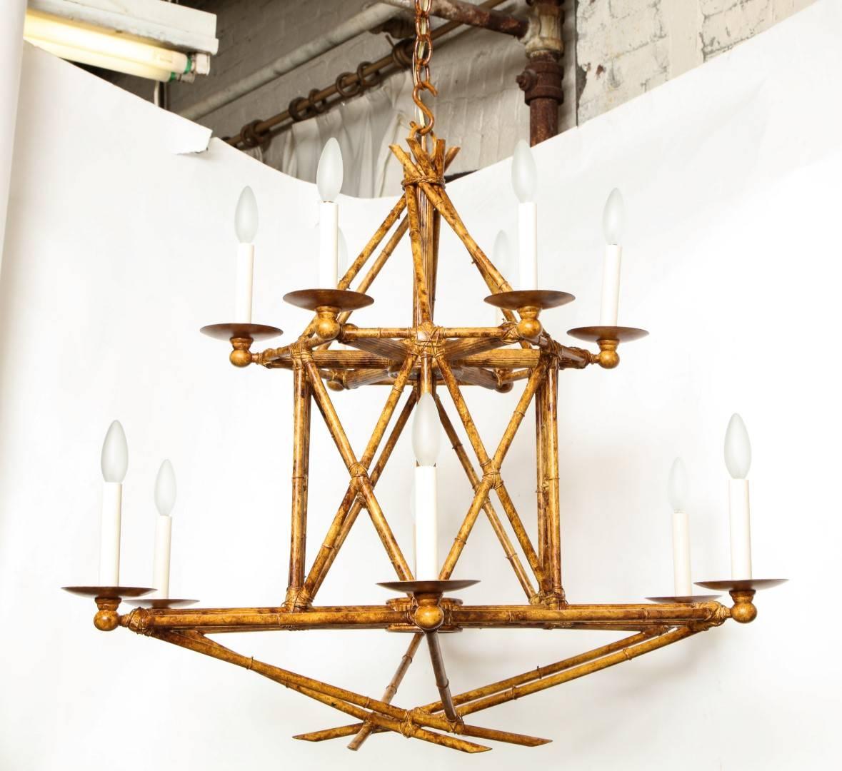 Contemporary Newly Made Twelve-Light Faux Bamboo Chandelier by David Duncan