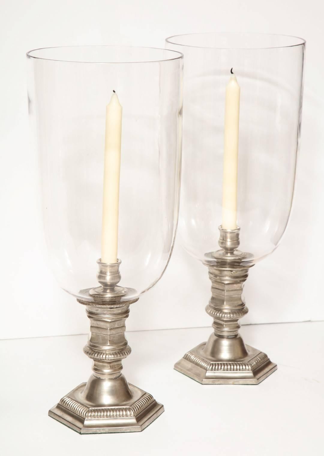 Pair of Silver Plated Hurricane Candleholders In Excellent Condition In New York, NY