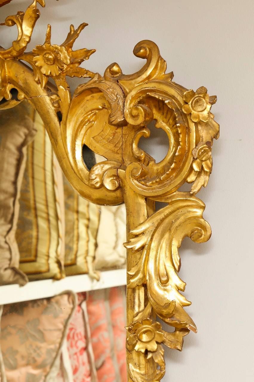 A Rococo style carved giltwood mirror, acanthus leaf form cresting and profusely carved with C-and S-scrolls surrounding a conforming rectangular mirror plate, late 19th century.