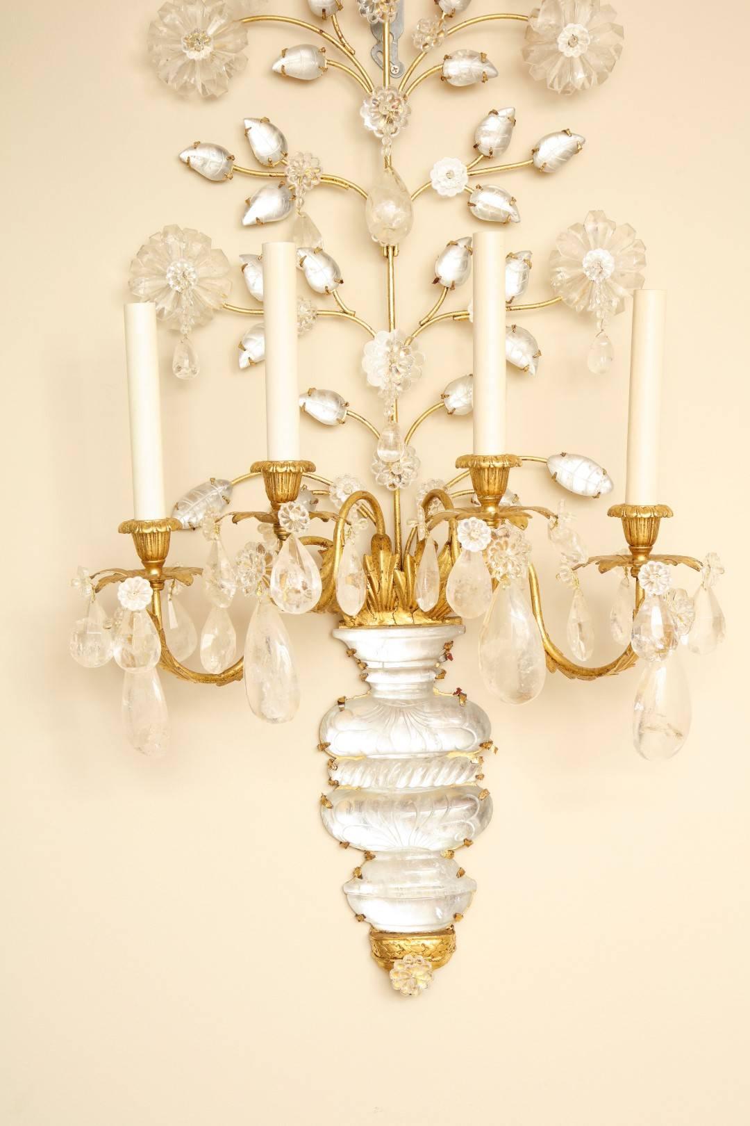 Chinoiserie Pair of New Four-Light Rock Crystal Sconces 