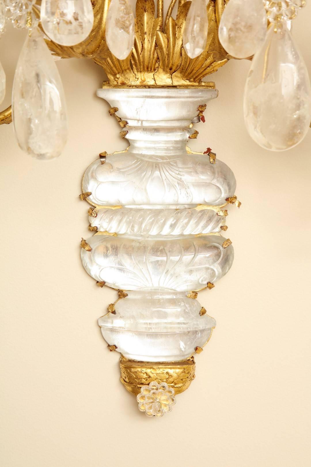 Pair of New Four-Light Rock Crystal Sconces  In Excellent Condition In New York, NY
