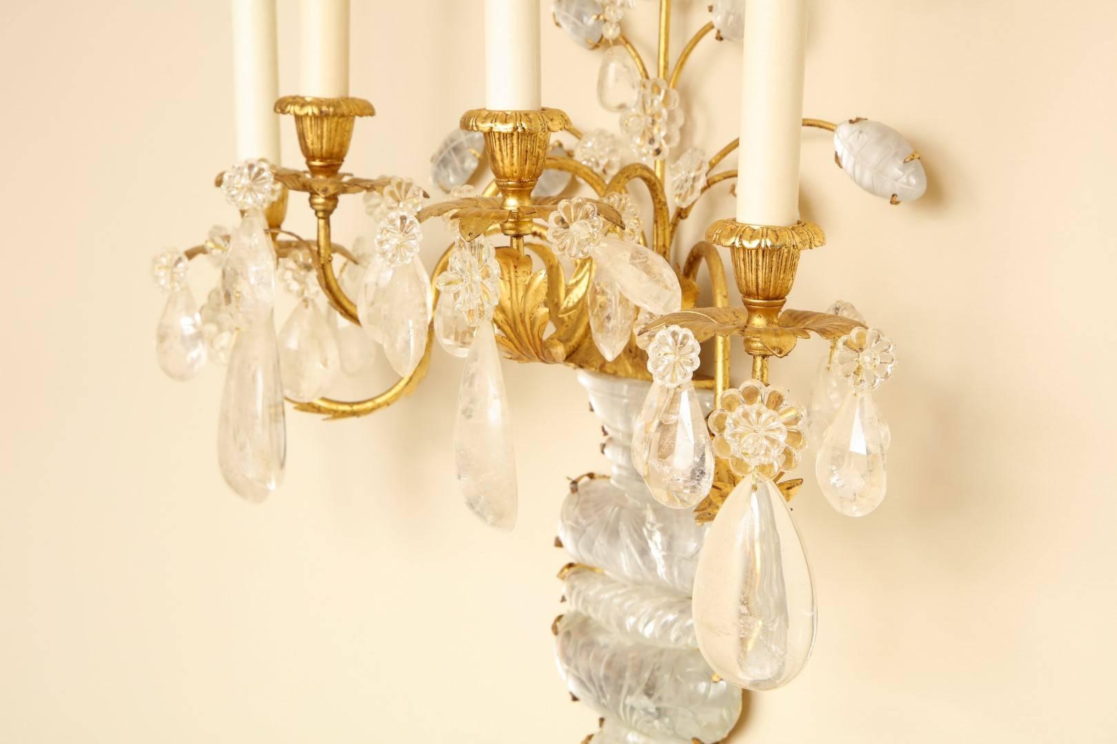 Pair of New Four-Light Rock Crystal Sconces  1