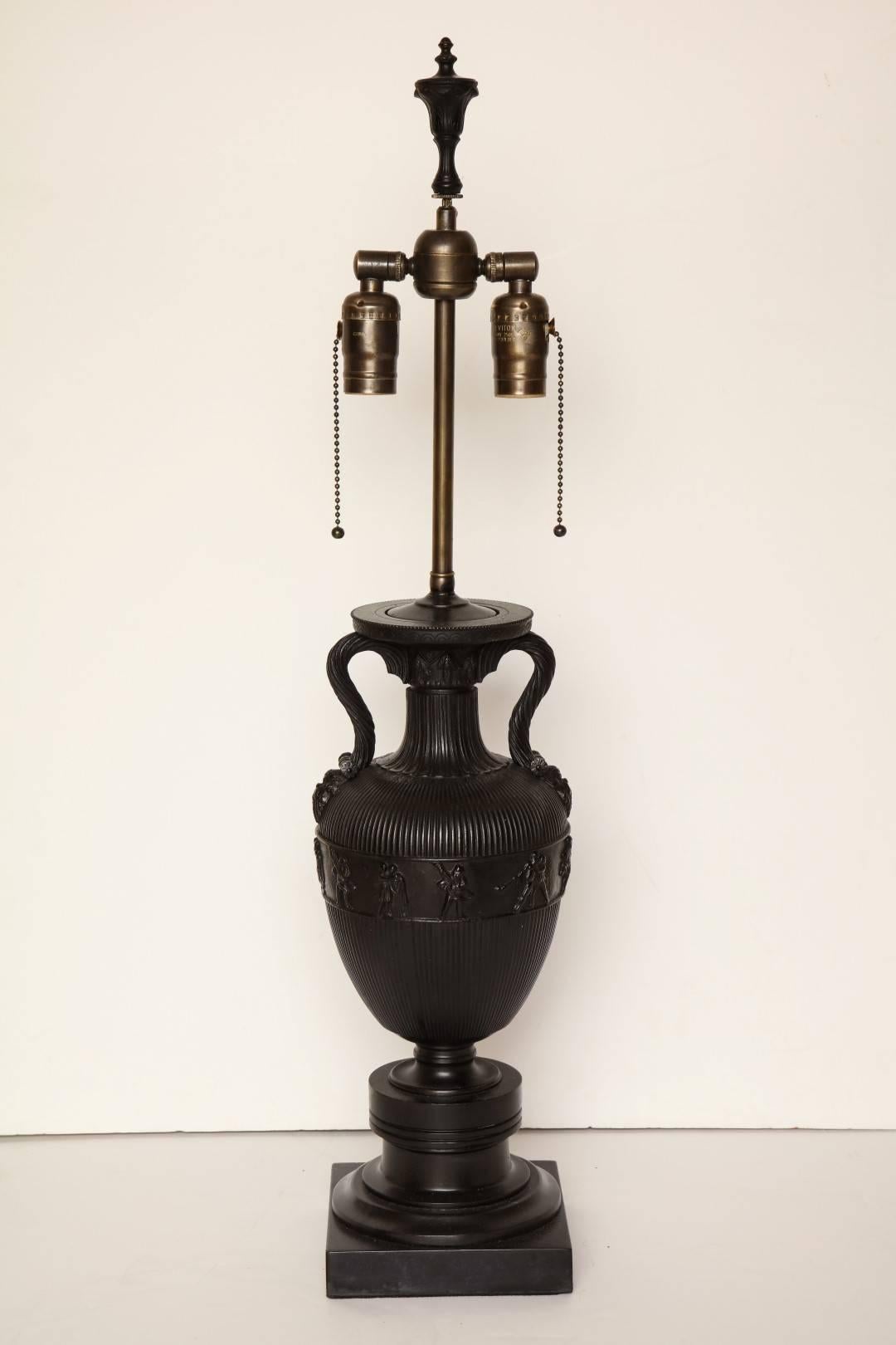 European Pair of Neoclassical Bronze Urns Fitted as Lamps 