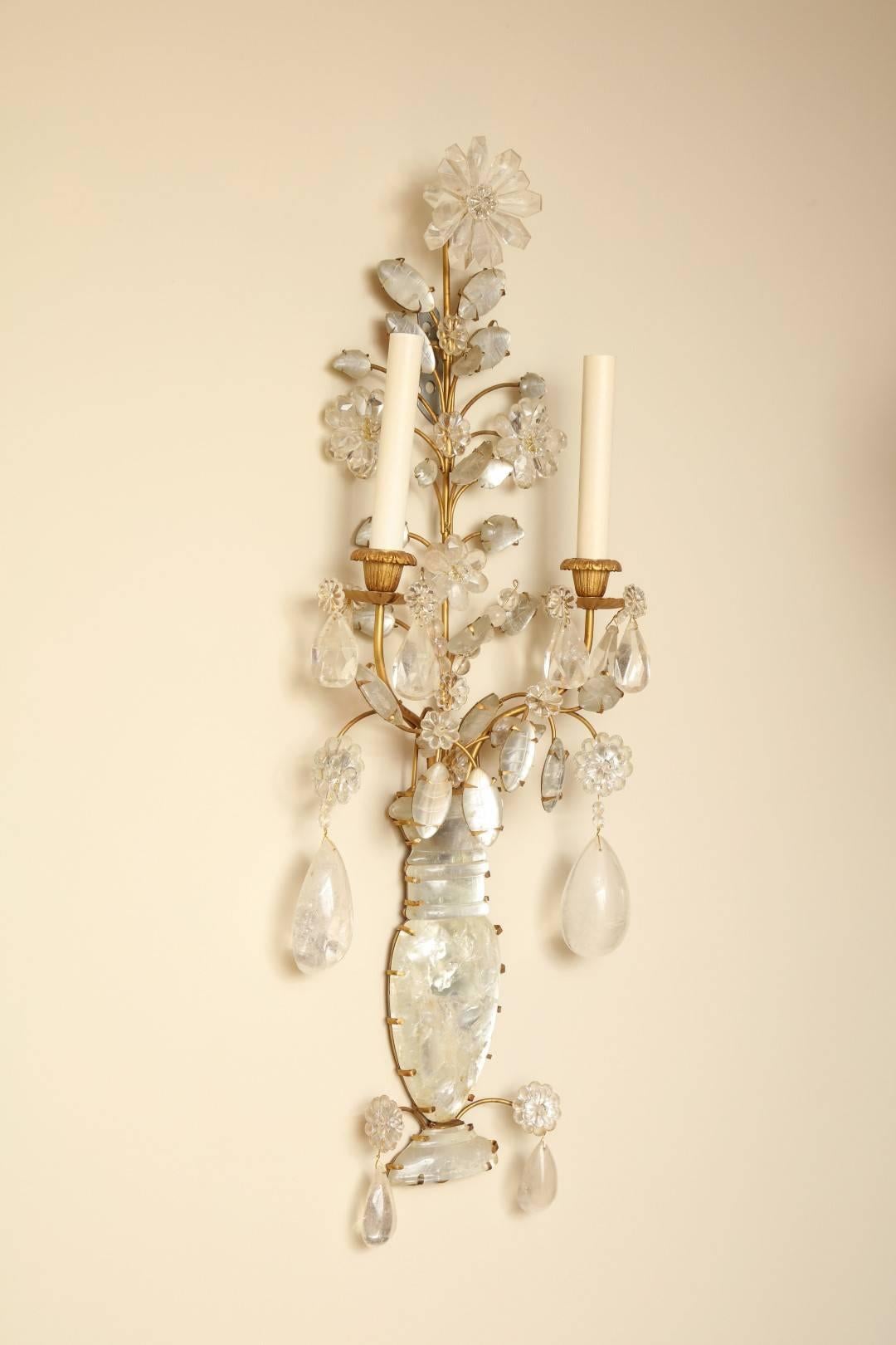 Gilt Pair of Rock Crystal Two-Light Sconces 