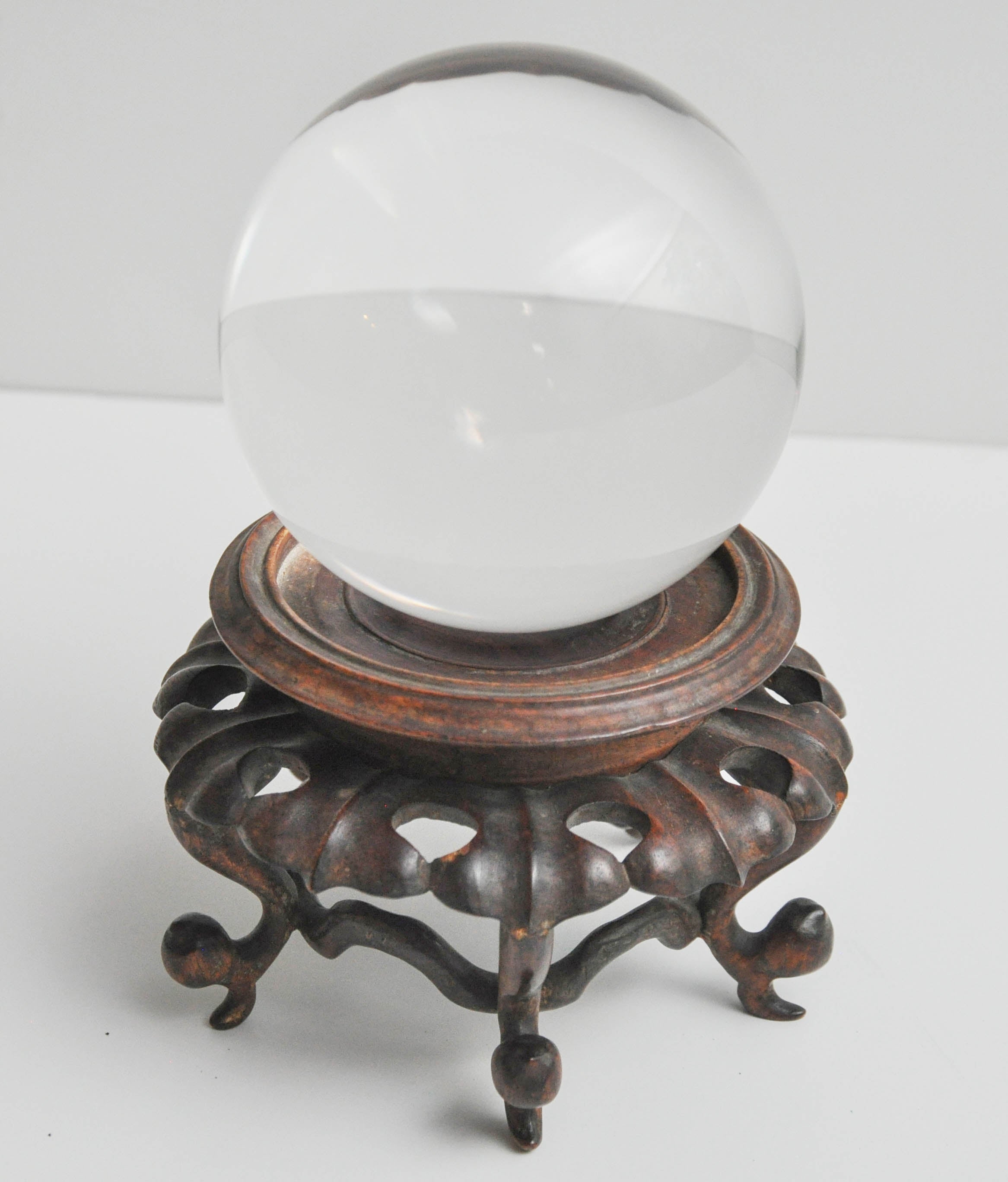 Crystal Sphere on Japanese Carved Rosewood Stand In Excellent Condition For Sale In Lake Forest, IL