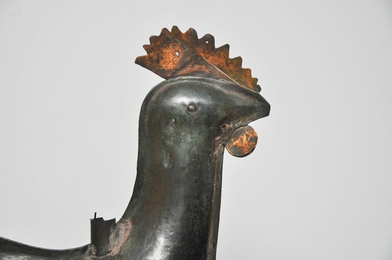 Primitive French Copper and Brass Rooster Weathervane on Stand, circa 1820 For Sale