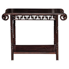 Lute Top Console Table, Hand-Crafted Dark Wood, Cambodia, Mid 20th Century