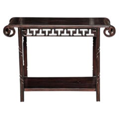 Lute Top Console Table, Hand-Crafted Dark Wood, Cambodia, Mid 20th Century