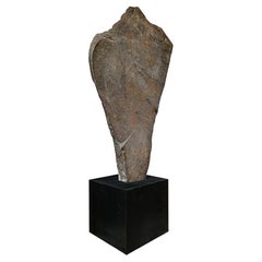 Hand-Carved Indonesian Stone Sculpture on Black Metal Stand, 74" Tall