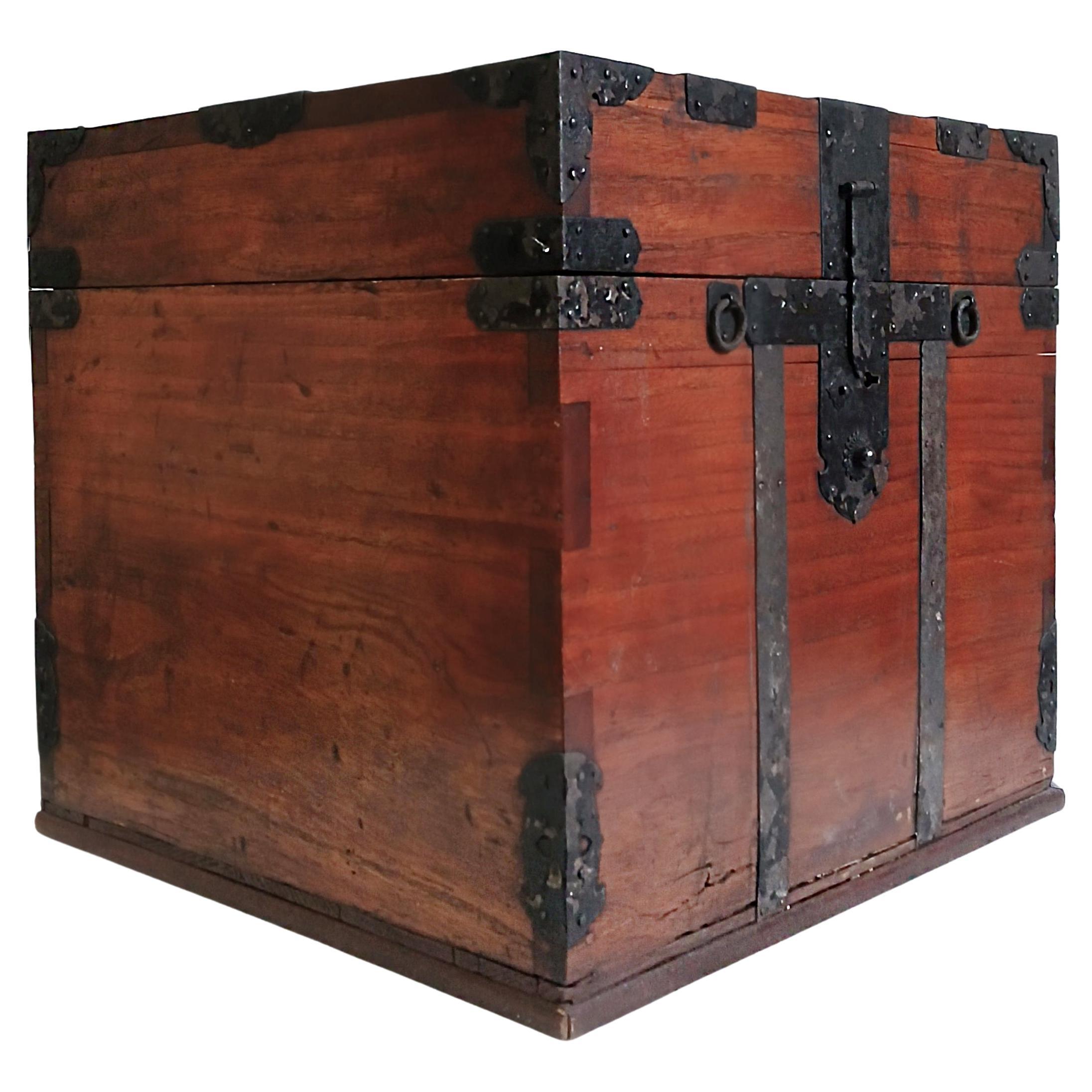 Japanese Elm Storage Box, Wrought Iron Accents, Meiji Period, 1890